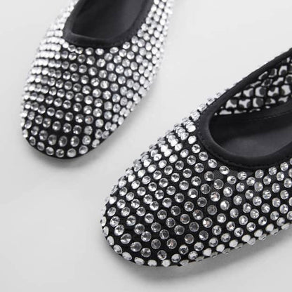 FSJ Black Round Toe Comfy Rhinestone Ballet Flats