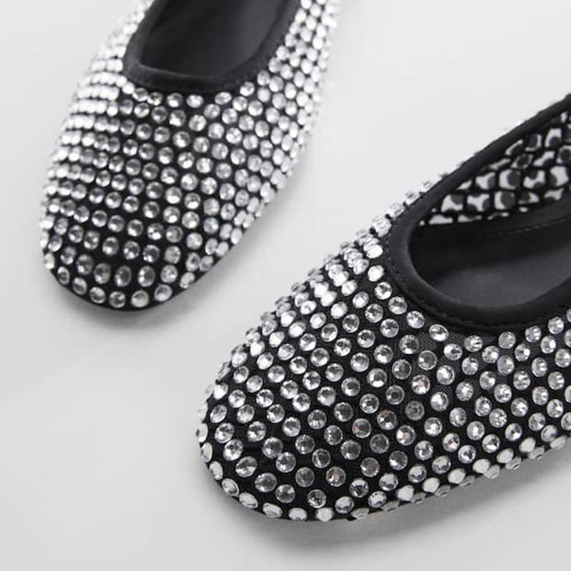 FSJ Black Round Toe Comfy Rhinestone Ballet Flats