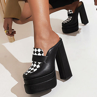 Black & White Closed Toe Chunky Heel Wide Band Platform Mules