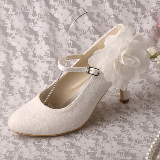 Classy Ivory Lace Mary Jane Pumps Floral Decor Wedding Shoes Heels