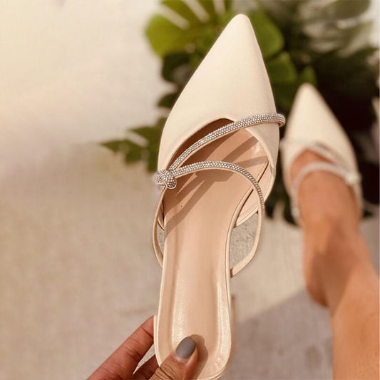 White Pointed Toe Wedding Shoes Rhinestones Strappy Mule Heels