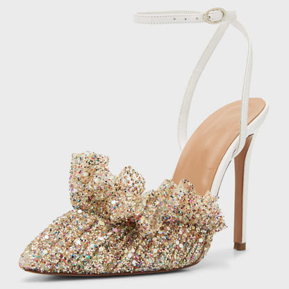Women's Sparkly Bridal Shoes Champagne Mesh Ruffle Ankle Strap Pumps