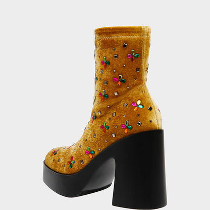 Yellow Velvet Round Toe Chunky Heel Rhinestone Platform Boots