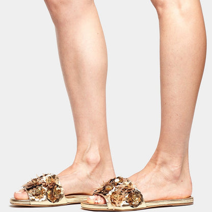 Gold Sequined Flats Women's Slide Sandals
