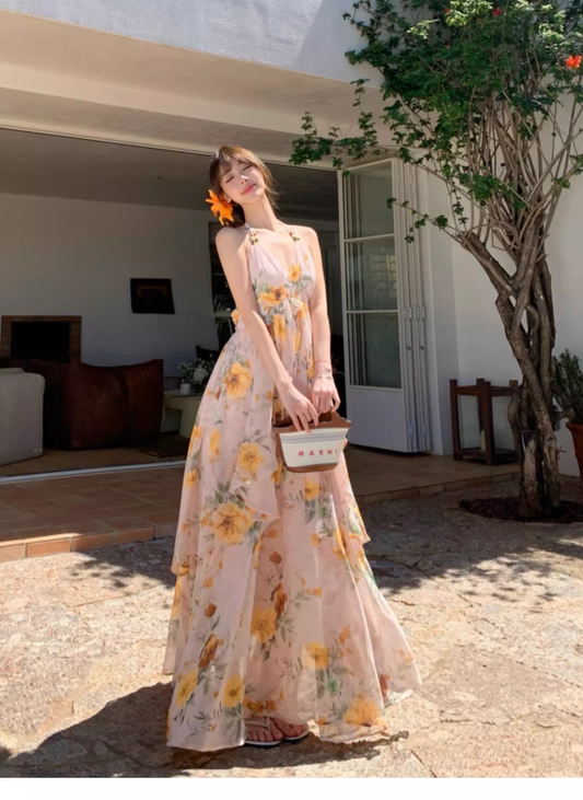New Fashion Floral V-neck Design Elegant Beach Holiday A-line Sleeveless Halter Dress Summer DressTP4257