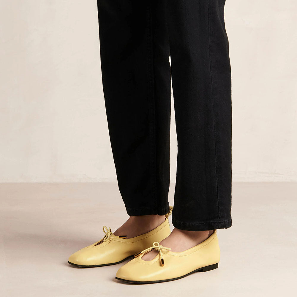 Yellow Square Toe Lace Up Bow Comfortable Ballet Flats