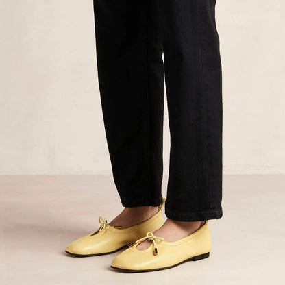 Yellow Square Toe Lace Up Bow Comfortable Ballet Flats