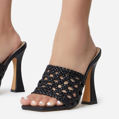 Black Open Square Toe Woven Band Flared Heel Mules Sandals