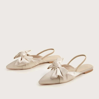Beige Satin Bow Bridal Shoes Elegant Pointed Toe Slingback Flats