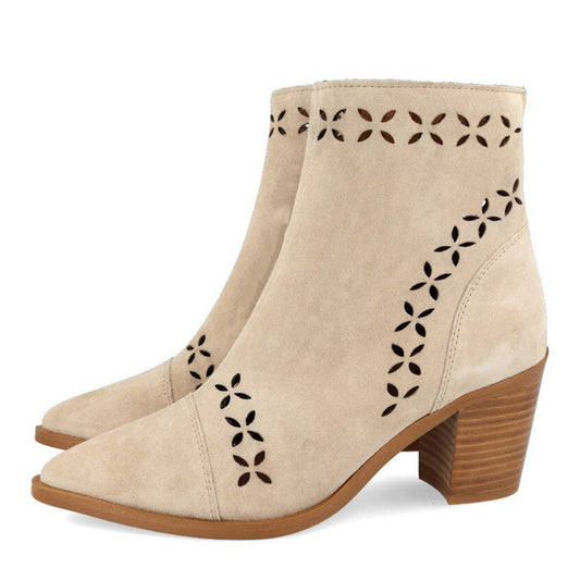 Beige Pointed Toe Chunky Heel Cut Out Ankle Boots