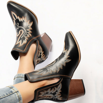 Black Closed Toe Chunky Heel Western Ankle Boots