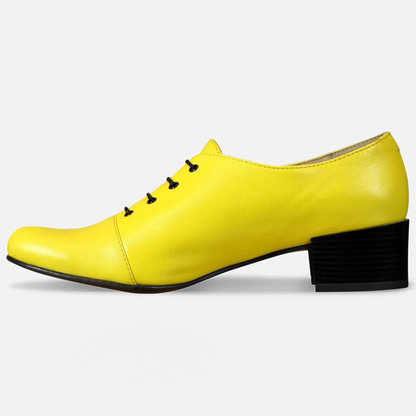 Yellow Vegan Leather Closed Toe Block Heel Lace Up Oxford Shoes