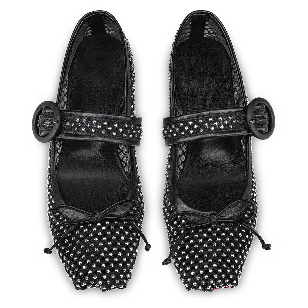 Black Mesh Square Toe Rhinestone Embellished Buckled Ballet Flats