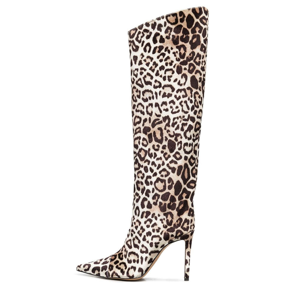 Brown Leopard Print Shoes Pointed Toe Stiletto Heel Knee High Boots