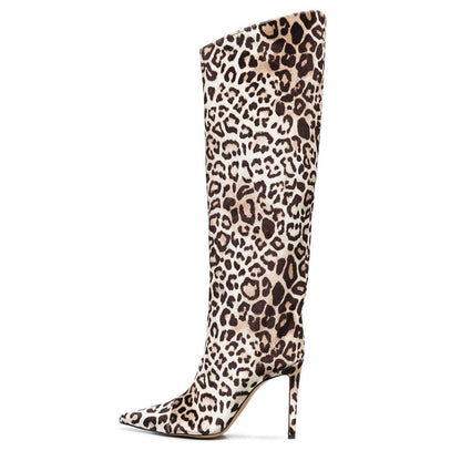 Brown Leopard Print Shoes Pointed Toe Stiletto Heel Knee High Boots
