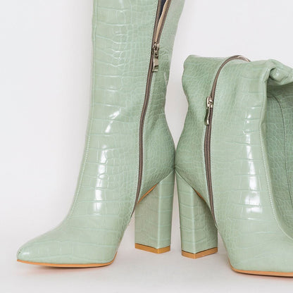 Mint Croco Embossed Chunky Heel Zipper Knee High Boots