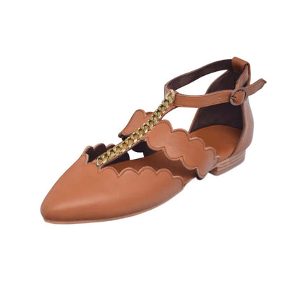 Brown Pointed Toe  Flats With Chain Decor Ankle Strap Flats