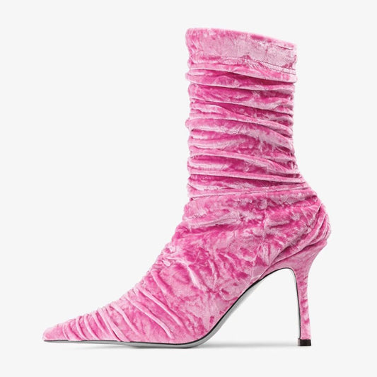 Pink Velvet Pointed Toe Pleated Spool Heel Classic Stretch Boots
