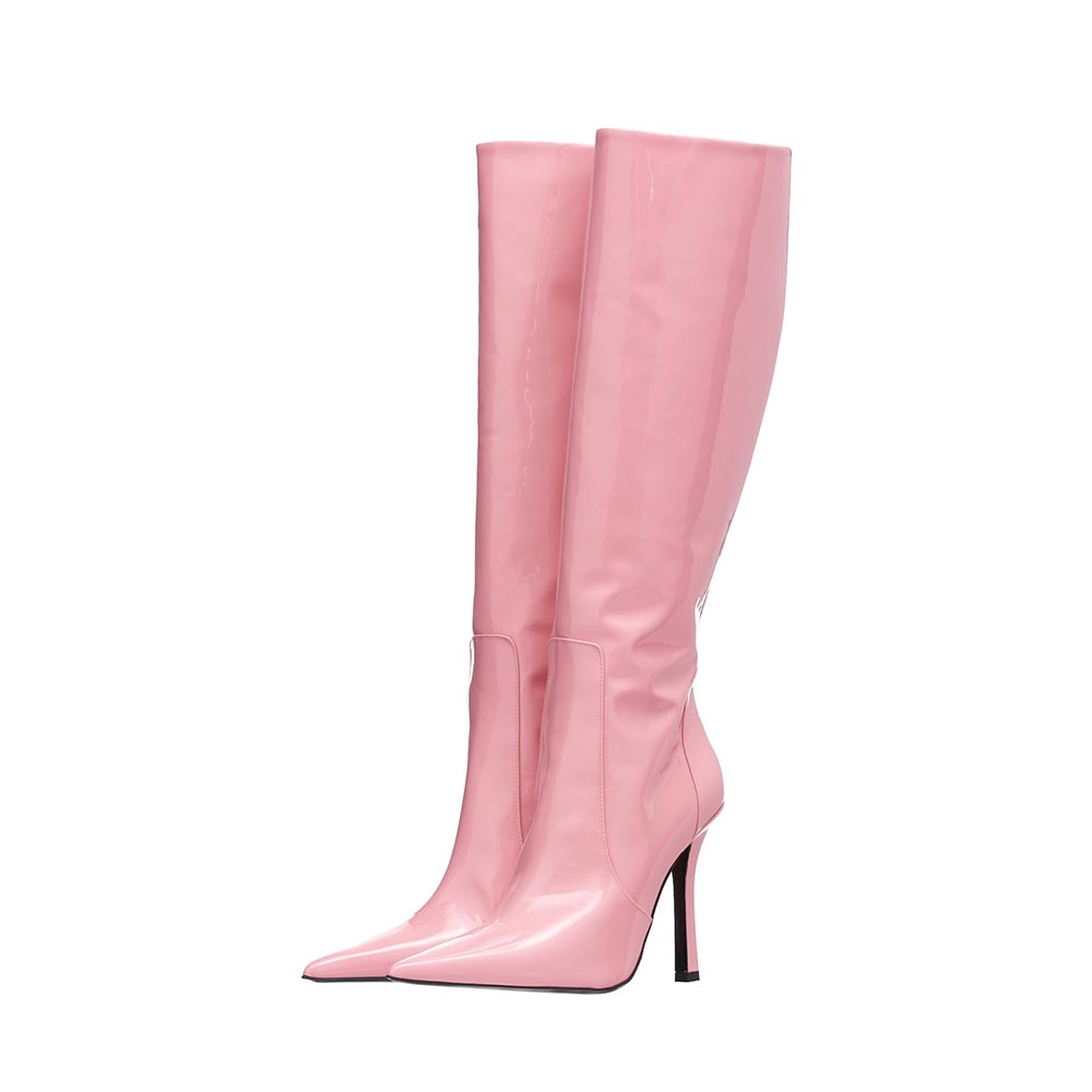 Pink Patent Pointed Toe Stiletto Heel Knee High Boots with Zipper