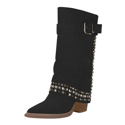 Black Vegan Suede Chunky Heel Studded Fold-Over Mid Calf Boots