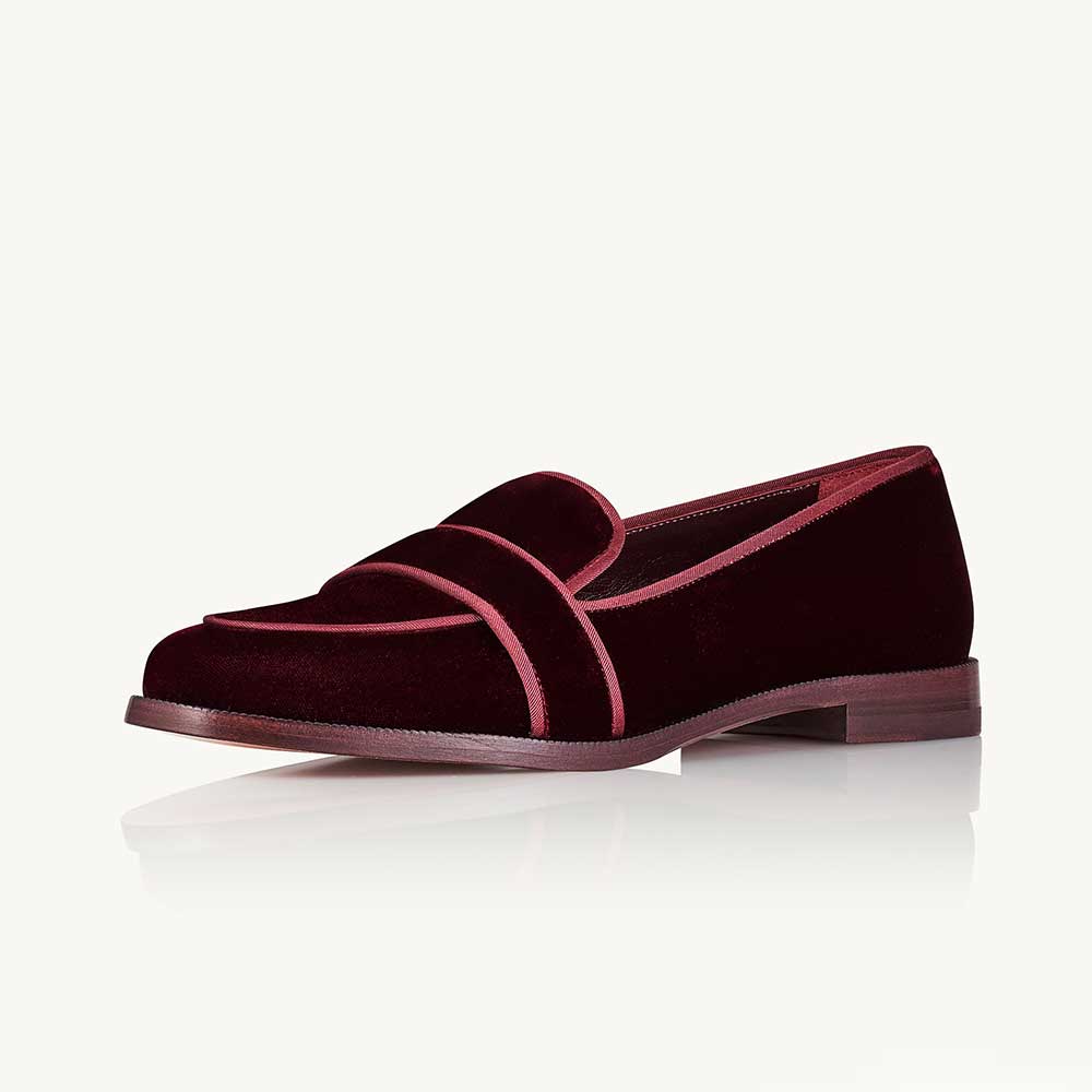 Maroon Velvet Round Toe Chunky Heel Slip-On Loafers