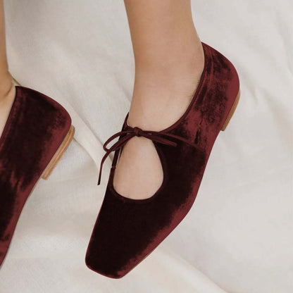 Women's Velvet Square Toe Lace Up Vintage Maroon Ballet Flats