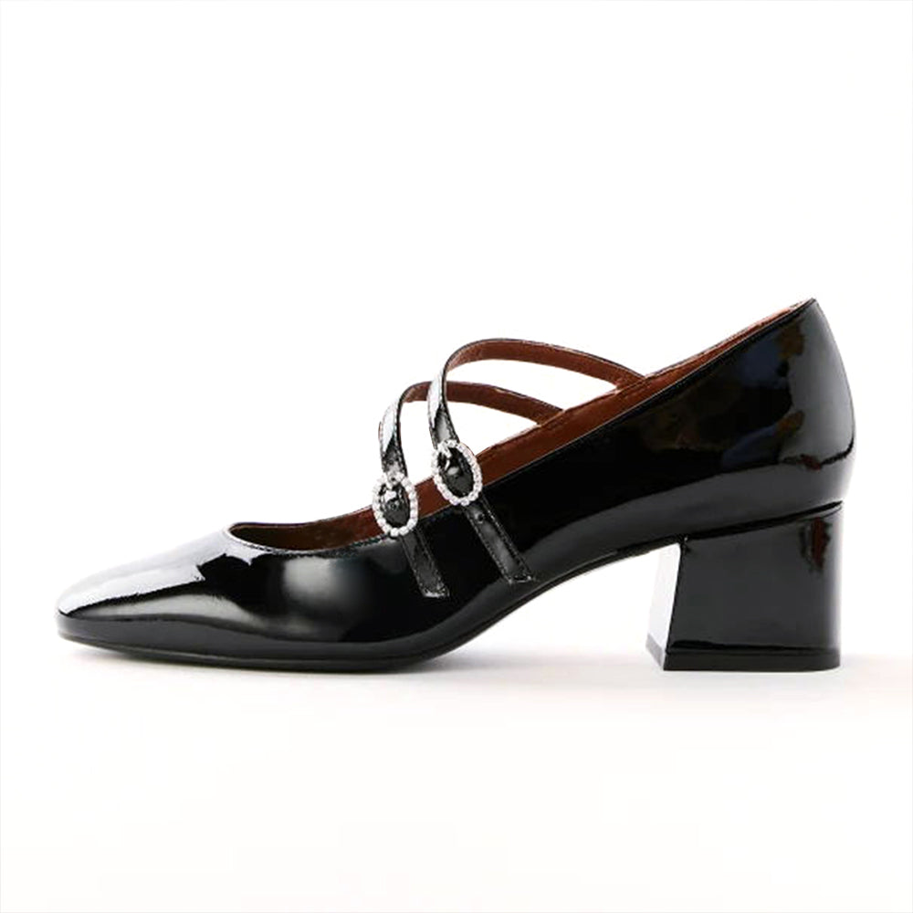 Black Patent Leather Round Toe Chunky Heel Strappy Loafers
