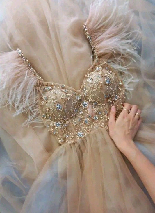 Champagne Beaded Feather A-Line Prom Dress, Tulle Evening Dress