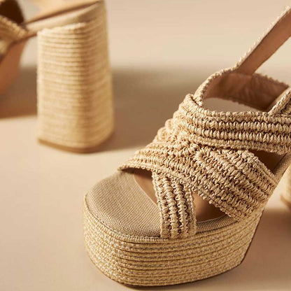 Nude Textile Woven Criss-Cross Strap Heeled Platform Sandals