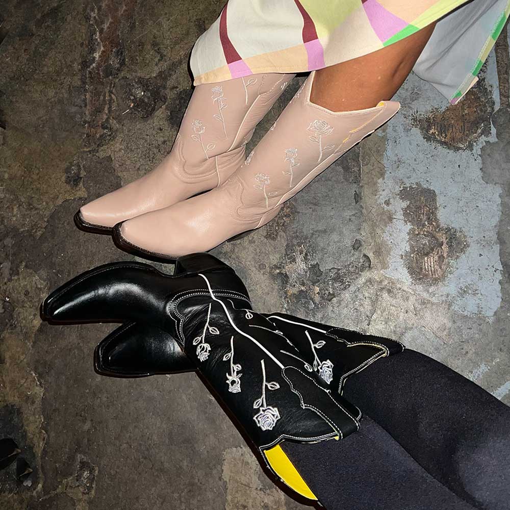 Nude Rose Embroidered Chunky Heel Mid-Calf Cowboy Boots for Women