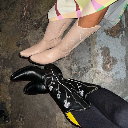 Nude Rose Embroidered Chunky Heel Mid-Calf Cowboy Boots for Women