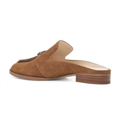 Tan Vegan Suede Round Toe Comfy Flats Fringe Mule Loafers for Women