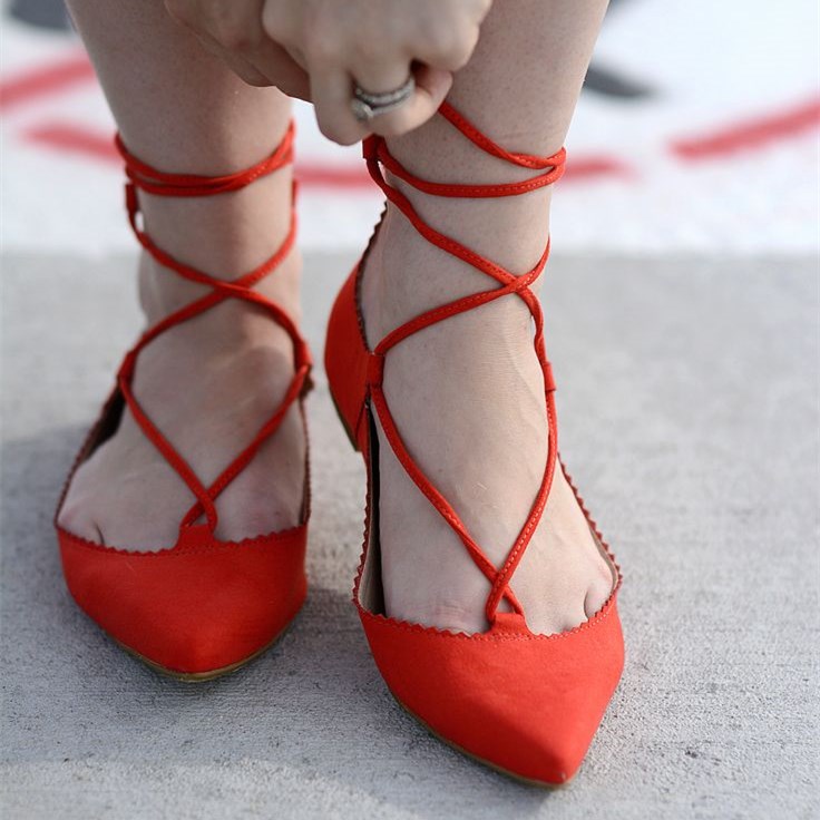 Dark Orange Strappy Shoes Lace Up Vegan Suede Comfortable Flats