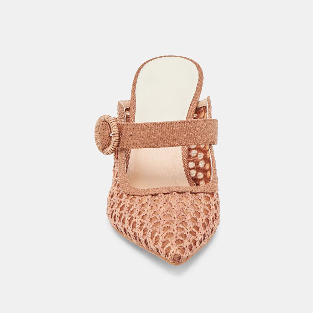 Brown Woven Raffia Pointed Toe Cut-Out Buckle Strap Mule Heels