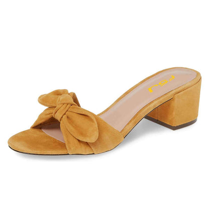 Yellow Vegan Suede Block Heel Knotted Mules for Women
