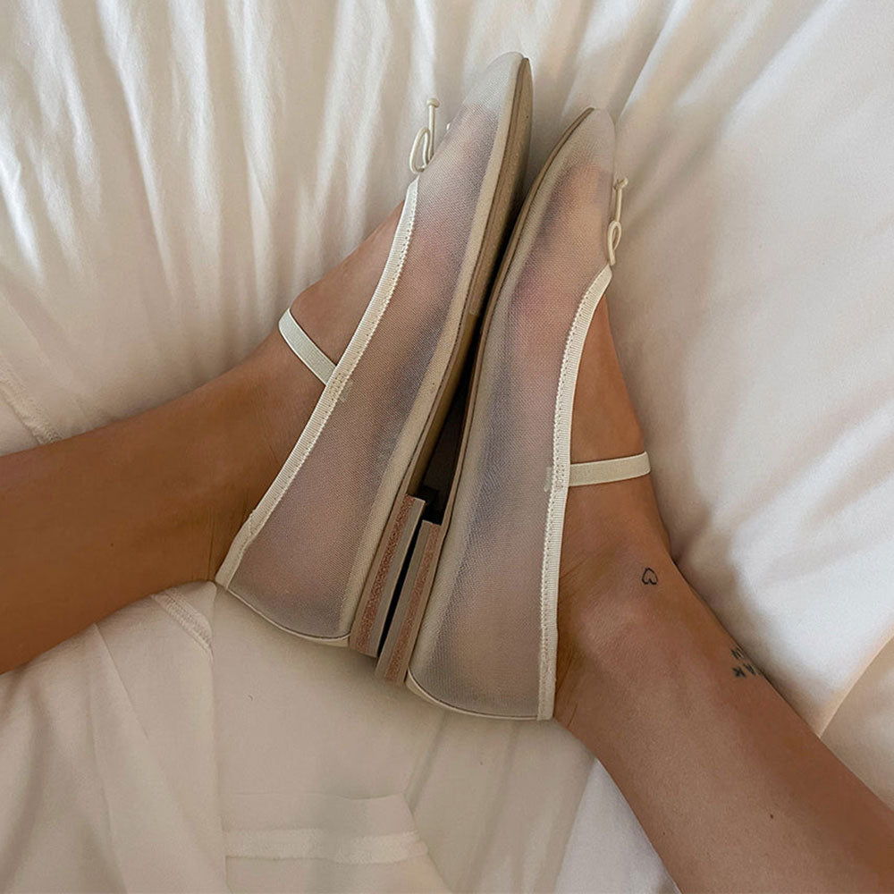 FSJ Comfortable White Mesh Round Toe Bow Decor Ballet Flats