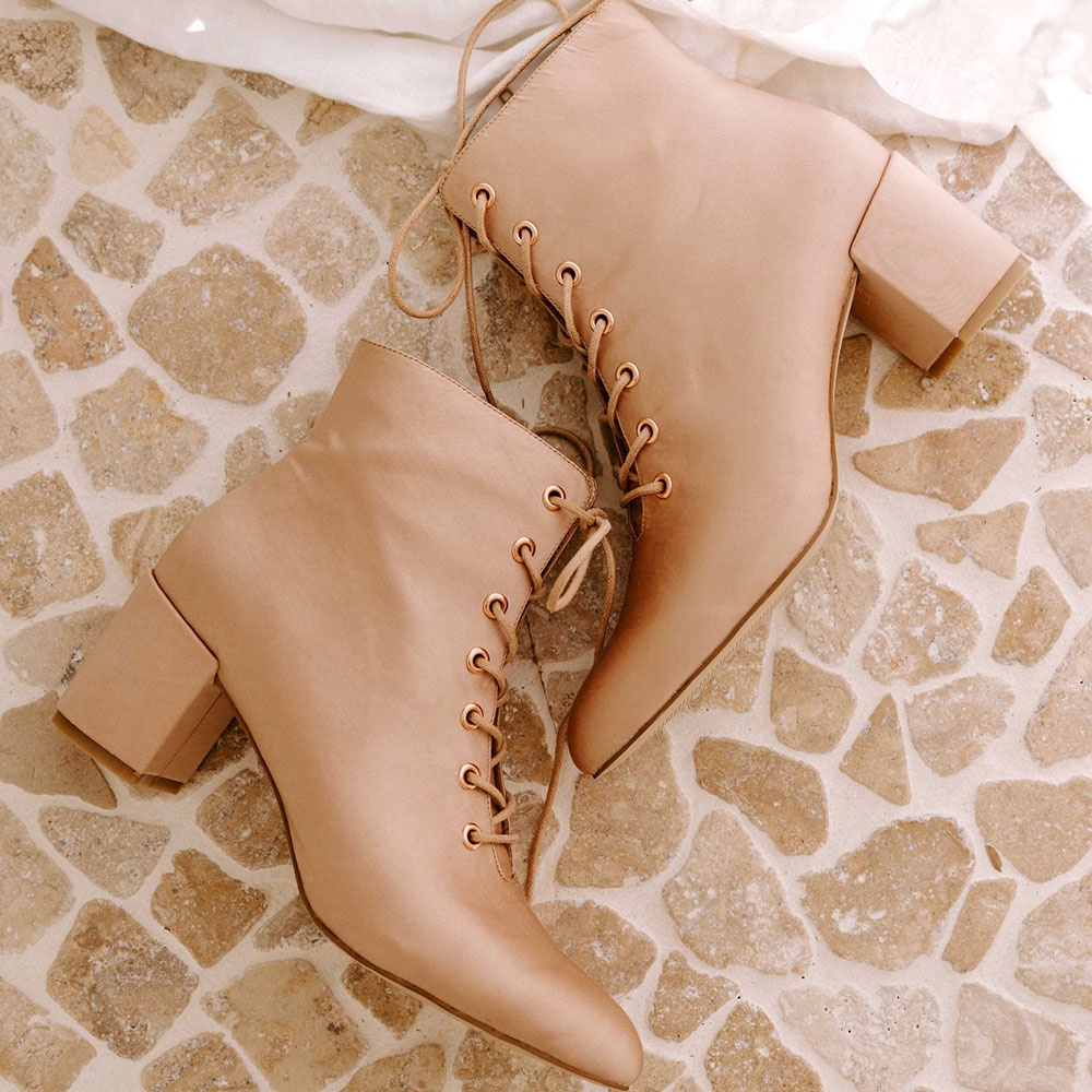 Beige Vegan Leather Pointed Toe Chunky Heel Lace-Up Ankle Boots