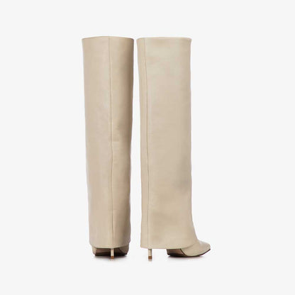 Beige Pointed Toe Stiletto Heel Fold Over Wide Claf Knee High Boots