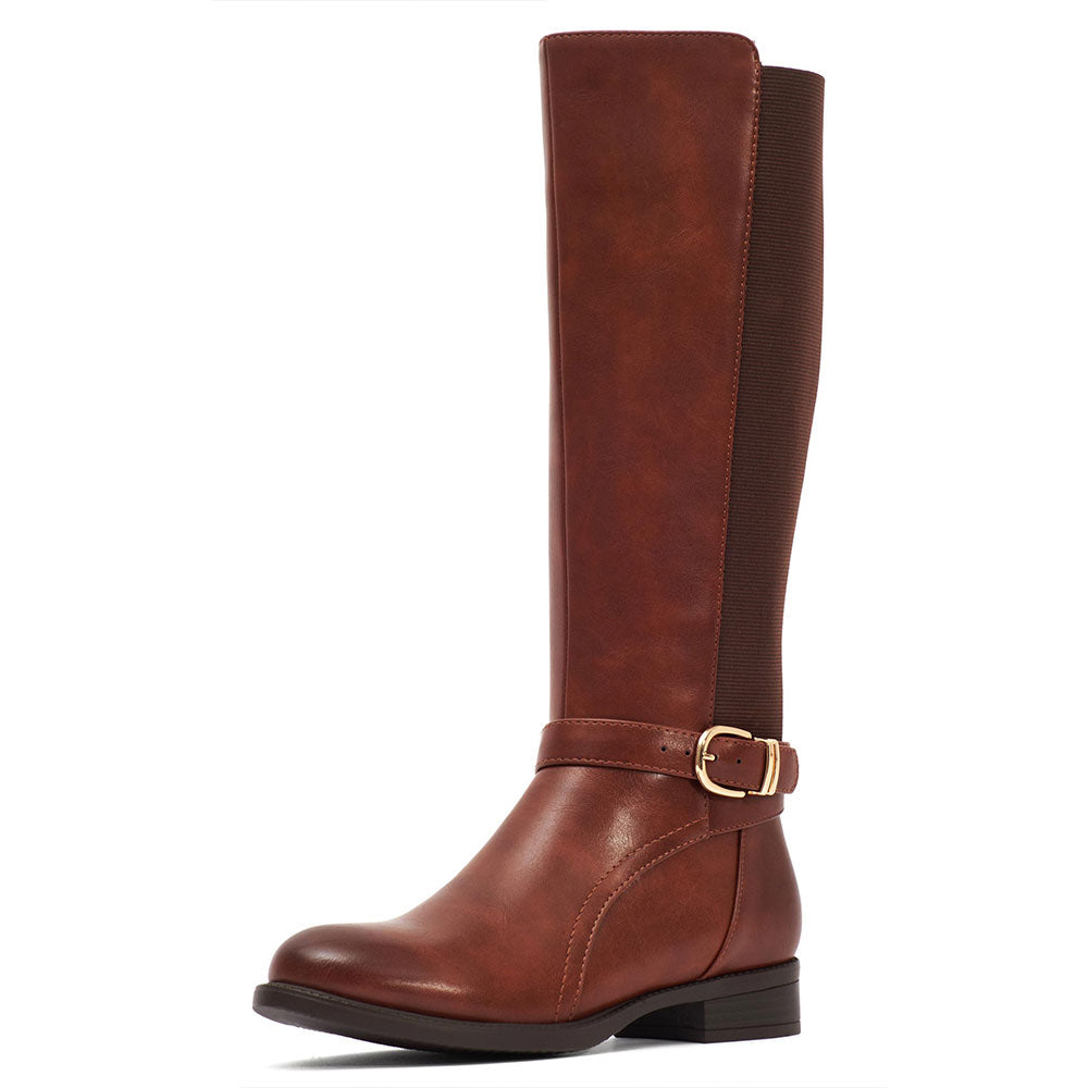 Chic Maroon Round Toe Buckled Strap Knee High Boots with Block Heel