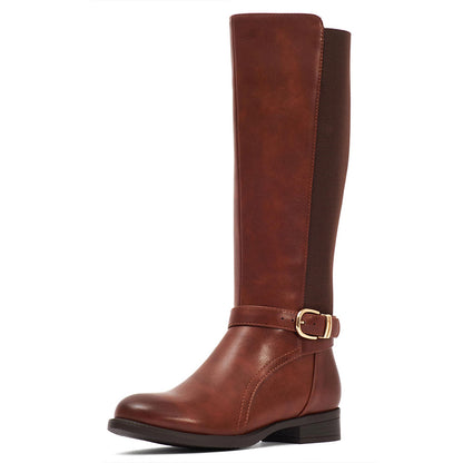 Chic Maroon Round Toe Buckled Strap Knee High Boots with Block Heel