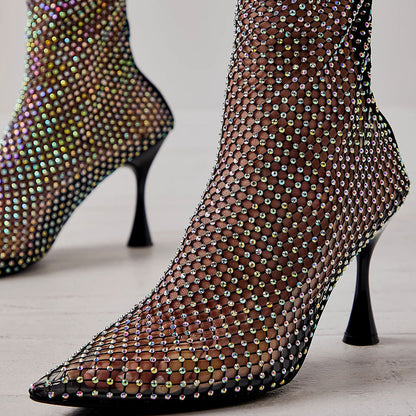 Black Fishnet Rhinestone Pointed Toe Spool Heel Zipper Knee High Boots