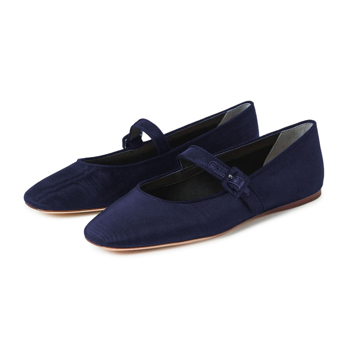Navy Blue Fabric Square Toe Mary Jane Flats with Buckle Strap