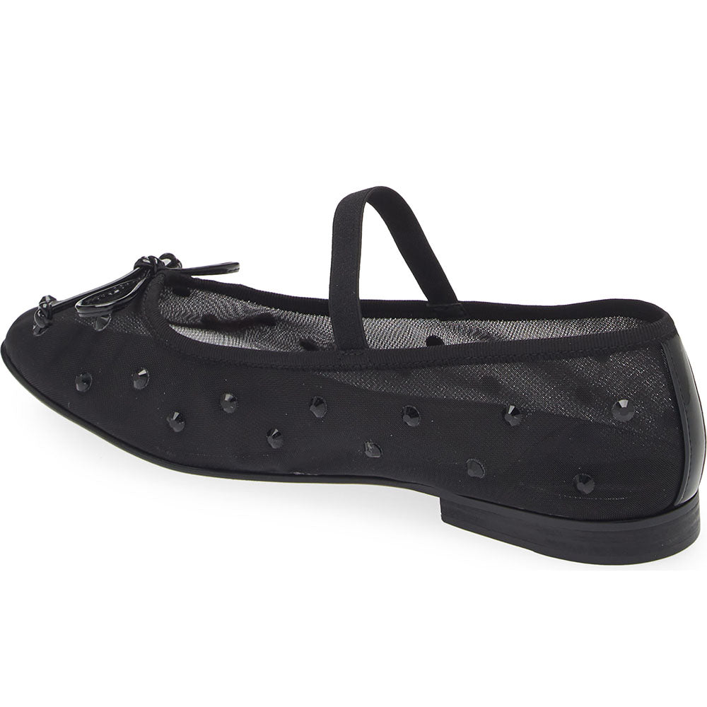 Black Mesh Round Toe Crystal Embellished Ballet Flats with Bow Decor