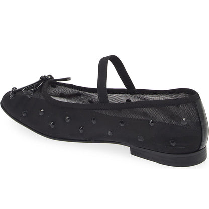 Black Mesh Round Toe Crystal Embellished Ballet Flats with Bow Decor