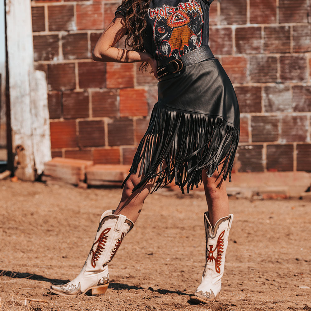 White & Brown Patchwork Snip Toe Chunky Heel Western Knee High Boots