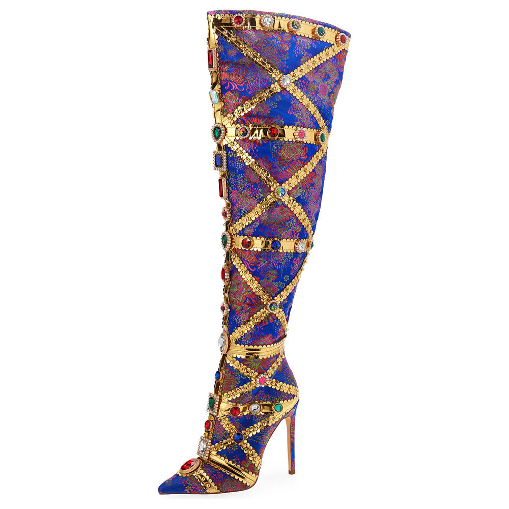 Blue Floral Jacquard Stiletto Heel Knee High Boots with Gem Decor