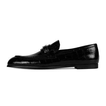 Black Croc Embossed Round Toe Vegan Leather Flat Women's Loafers