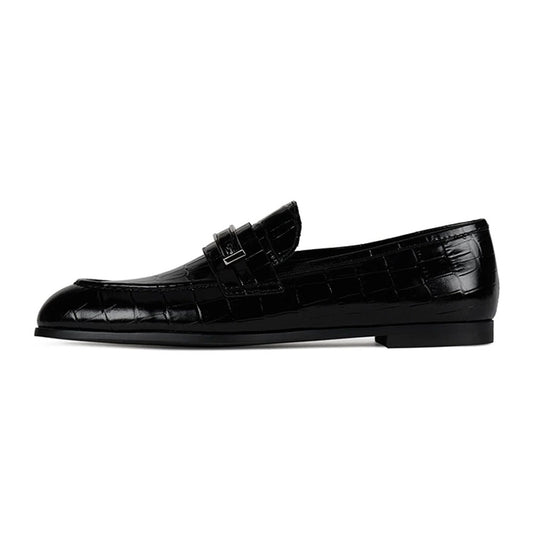 Black Croc Embossed Round Toe Vegan Leather Flat Women's Loafers