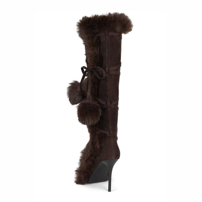 Brown Pointed Toe Faux Fur Detail Wrap-Around Knee High Boots