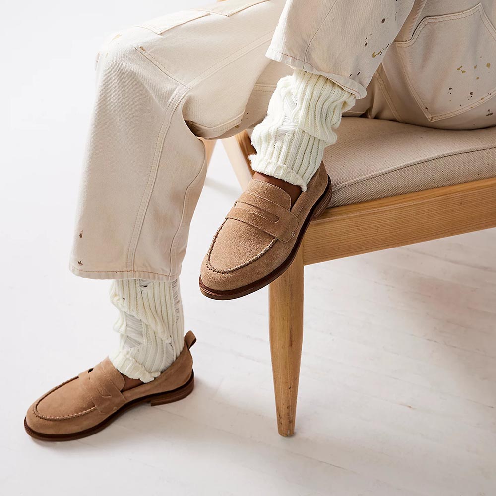 Beige Faux Suede Round Toe Low Chunky Heel Loafers